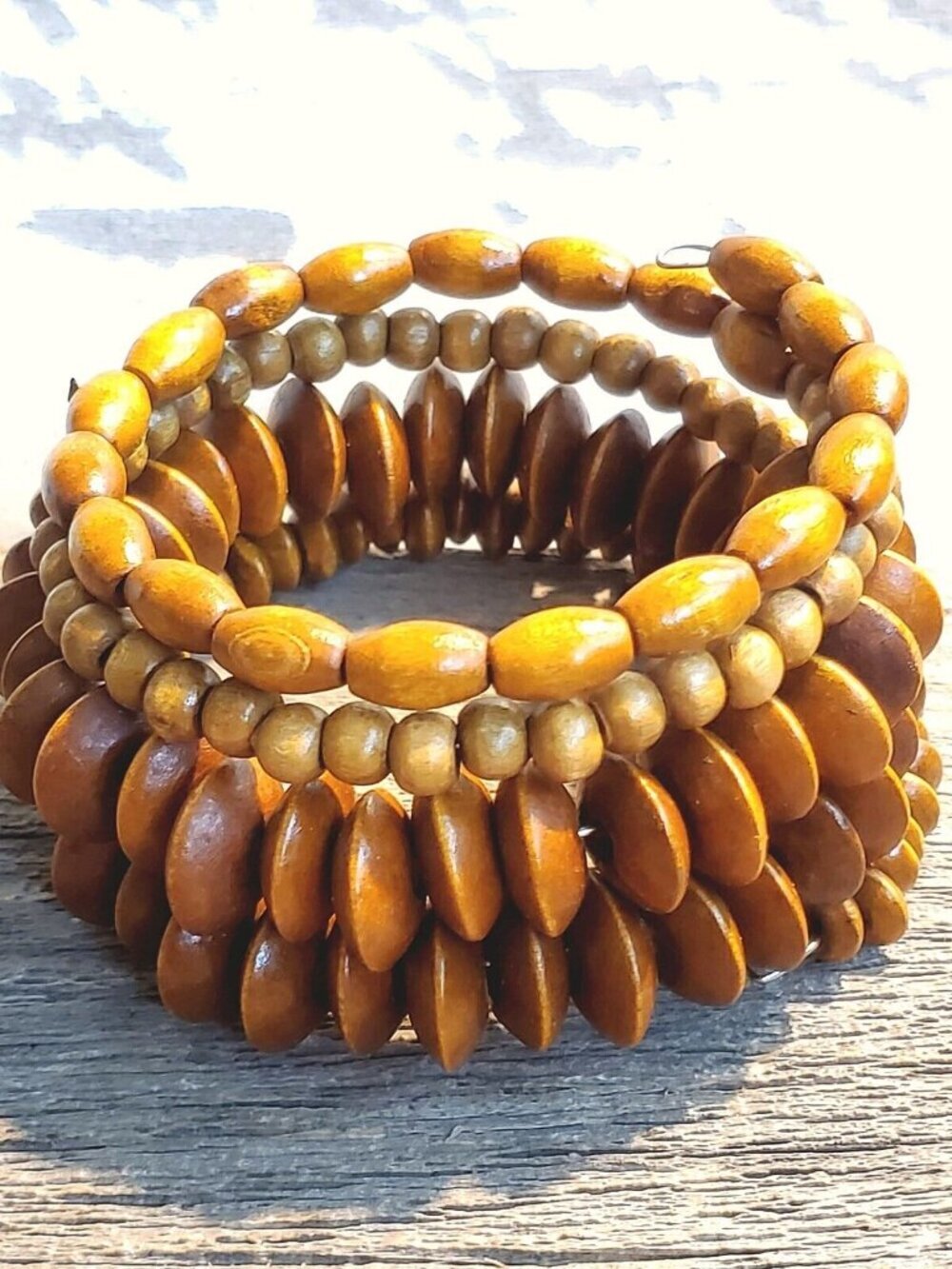 Vintage 90s Bali Sustainable Light Brown Wood Beads Memory Wire Wrap Bracelet